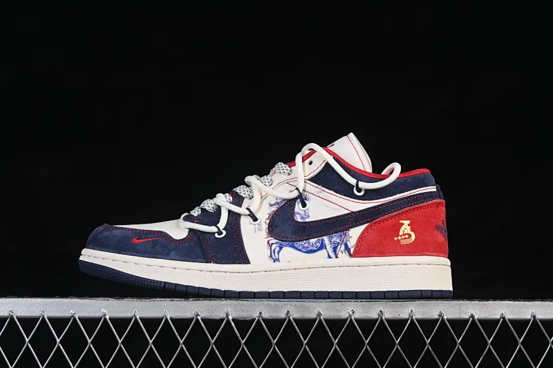 All categories Air Jordan Jordan series basketball shoes Air Jordan 1 Low High-end customized low-top sneakers Air Jordan 1 Low AJ1 Joe 1 Year of the Horse limited edition Navy blue and red contrast color High-end customized low-top retro basketball shoes HT5088-643